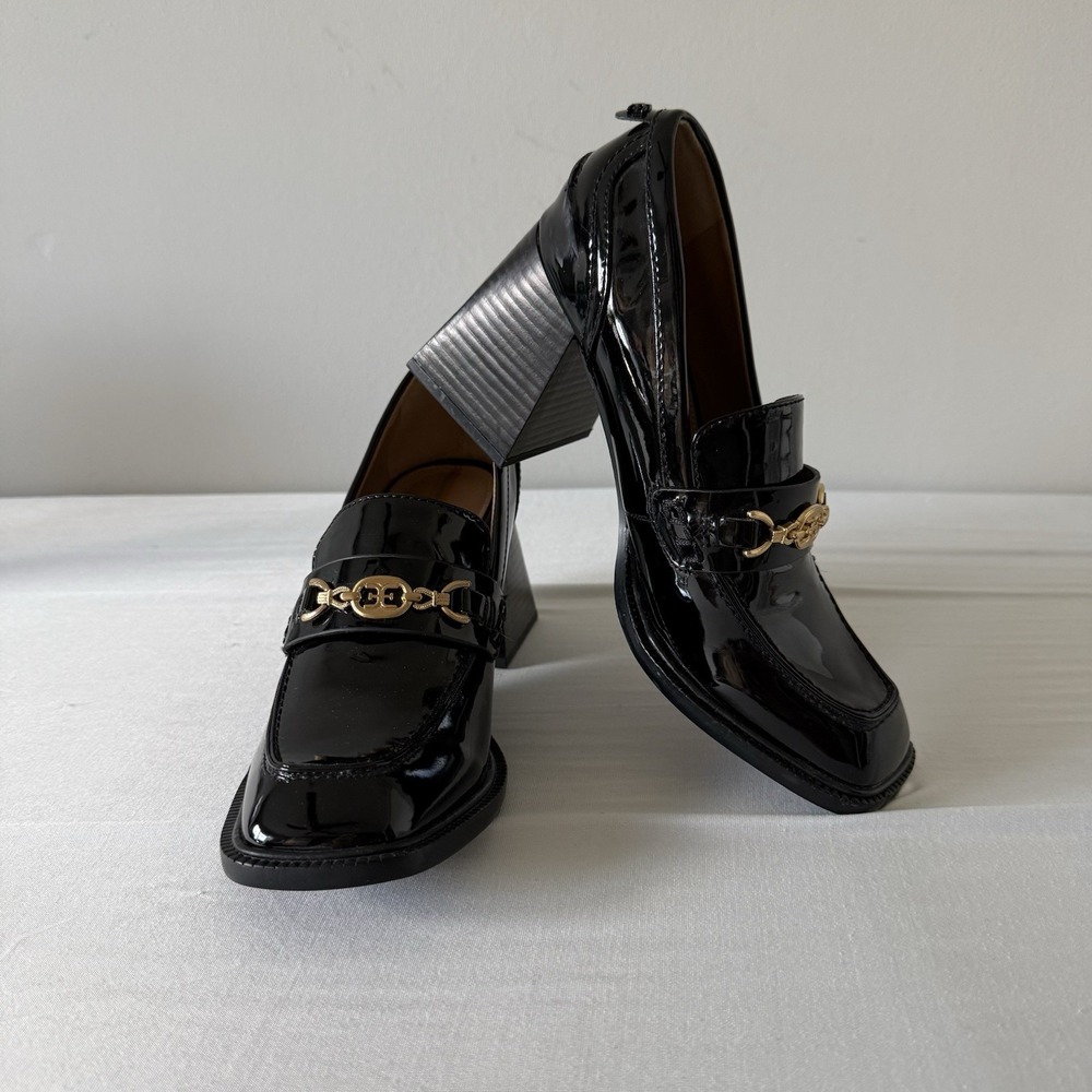 Sam Edelman Quincy Block Heel Loafers Sz 7 Black Leather Preppy Teacher Vamp